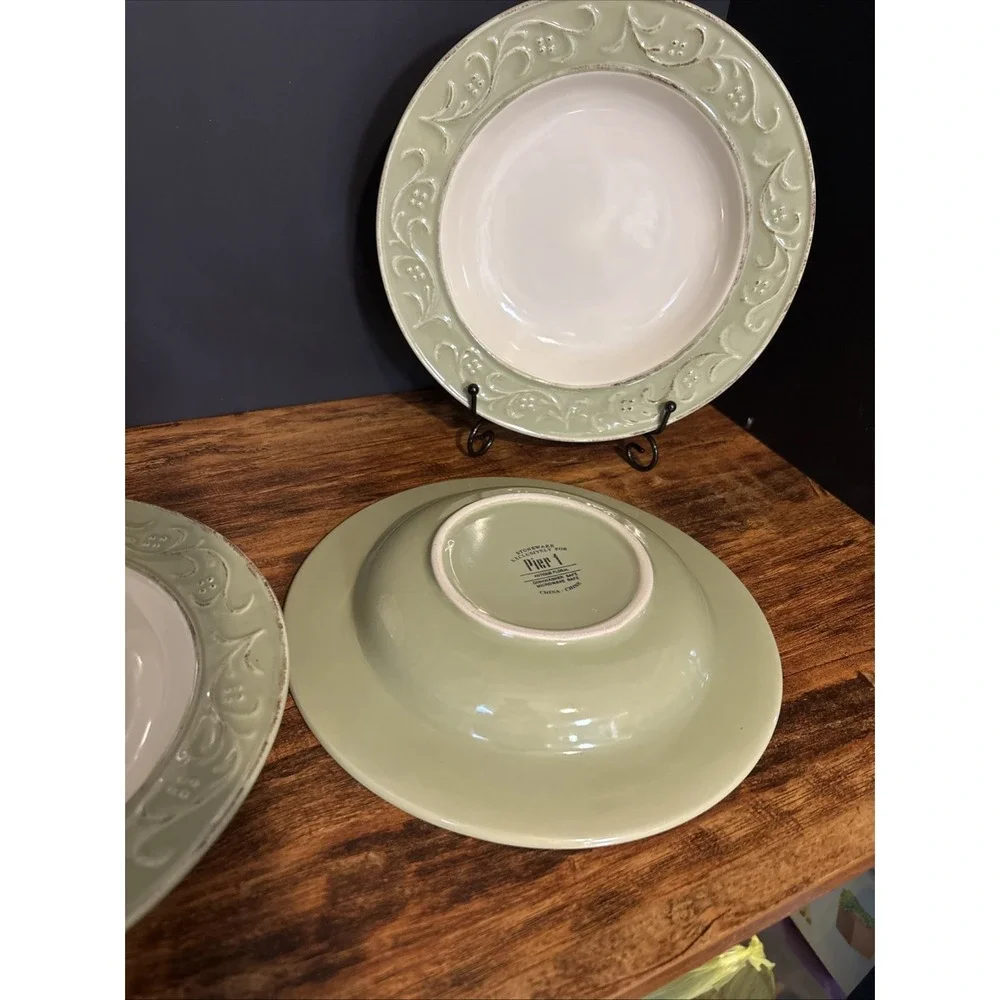 Set Of 4 Pier 1 Antique Floral Rimmed Bowls Soup Salad Pasta Bowls Green 9